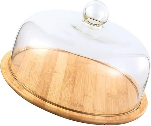 BESPORTBLE Glass Dome with Wooden Base Cake Stand Display Dome Cloche Clear Glass Bell Jar Cover Wood Cake Display Tray for Dessert Cheese Candy Plants Succulents (M)
