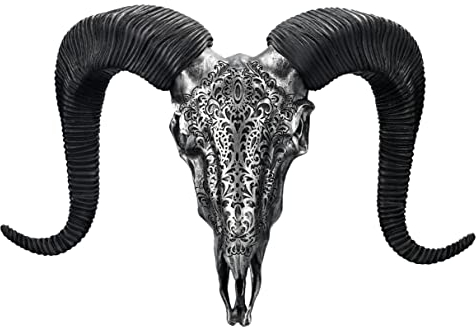 Pacific Giftware Wandrelief Trophäe - Großer Widderschädel 49 cm silberfarben mit Verzierungen | Trophäe Stier Bulle Longhorn Geweih Hörner Kopf