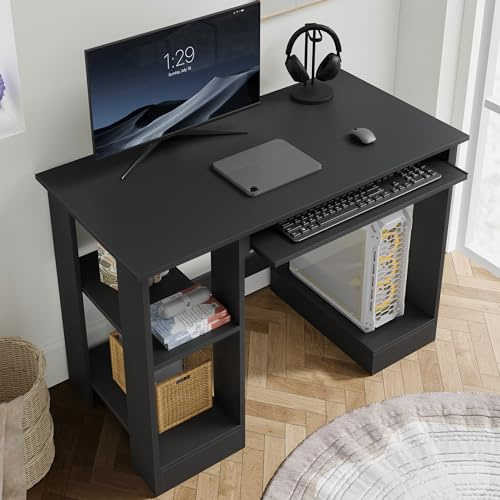 Blisswood Computer Desk, Small Home Office Desk with Storage Shelves & Sliding Keyboard Tray, Corner Writing Desk for Small-Space, Study, PC Gaming and Workstation Furniture (Black, 100 x 55 x 75cm)