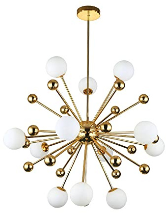 PAZWAHF Large Chandelier for Living Room,Golden Pendant Light of Dandelion, Milky White Spherical Glass Shade,Modern Ceiling Hanging Light for Indoor Bedroom