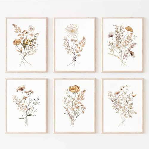 Watercolor Flower Wall Art Set of 6 Botanical Wildflower Wall Decor Boho Neutral Canvas Wall Art Vintage Prints Floral Pictures Minimalist Farmhouse Poster for Room Bedroom 8x10 Inch Unframed