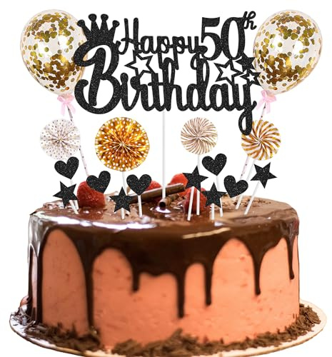Tårtdekoration 50-årsdag Grattis Man Kvinna Svart Gyllene Hello 50 Glitter för Födelsedag