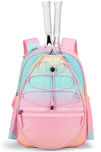 Choco Mocha Bolsa de tenis para niñas, mochila de tenis juvenil y juvenil de 16 pulgadas con compartimento para zapatos, capacidad para 2 raquetas (21-23 pulgadas), caramelo rosa