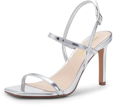 DREAM PAIRS Zapatos de tacón alto para mujer, puntera cuadrada abierta, correa al tobillo, sexy, cómodos, con tiras, para boda, novia, sandalias de tacón, Plata-pata, 40.5 EU