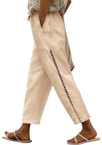 Voqeen Pantaloni di Lino da Donna A Vita Alta Estate Baggy 7/8 Pantaloni di Cotone di Lino Allentati Comodi Pantaloni Leggeri Casual di Garza con Tasche