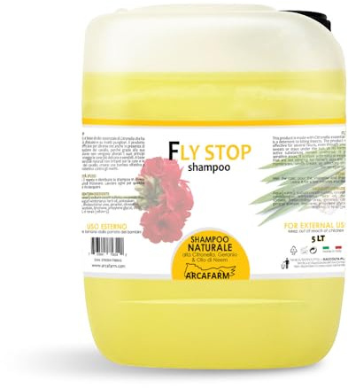 Tanica 5 lt Shampoo alla Citronella per Cavalli Fly Stop, Shampoo Repellente naturale per Insetti Mosche Zanzare Tafani, shampoo per Pulizia di Sporco ostinato di manto coda criniera - Made in Italy
