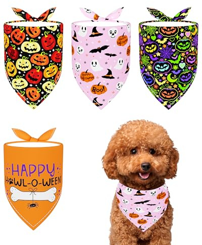 BIPY 4PCS Medium Halloween Dog Bandanas with Classic Pumpkin Bat Pattern, Dog Cat Ghost Festival Neckerchief Suitable for Pet Parties, Holiday check-in and Photo Taking, Pet Triangle Scarf