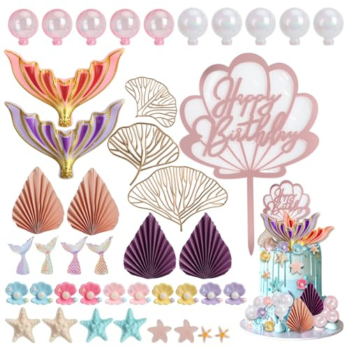 QMLING Mermaid Cake Decorations for Girls: 42 PCS Mermaid Cake Toppers Set, Seashell Tail Sea Star for Girls Birthday Mermaid Theme Party