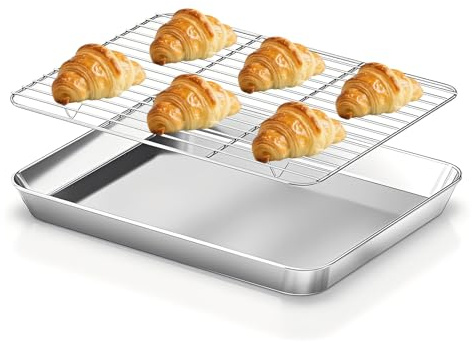 Edelstahl Backblech mit Abkühlgitter, 40,5x30,5x2,8cm Ofenblech mit Kuchengitter Backofenblech Groß Kuchenblech Backform Rechteckig für Backen Braten Kühlen Spülmaschinenfest