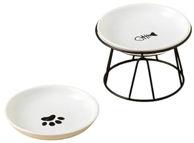 2 Ciotole per Gatti Rialzate in Ceramica,Ciotola per Gatti con Protezione Cervicale,Set con Ciotola in Ceramica e Supporto in Metallo,Design Amichevole,Antivomito,Ideale per Cibo e Acqua