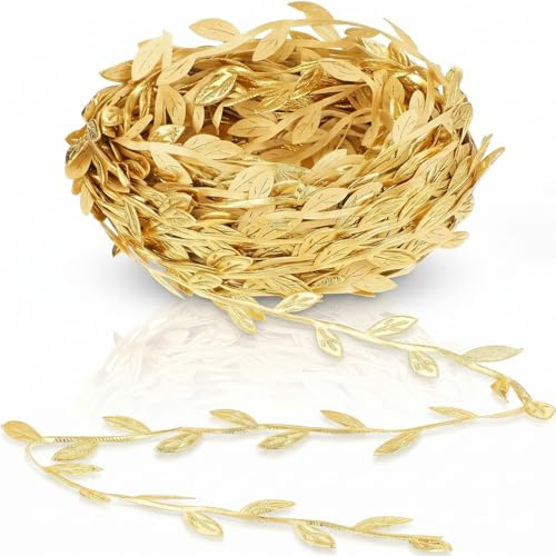 wellrun 10m Gold Leaf Garland String,Artificial Vine with Gold Leaves Ribbon,Decorative Vine Trim Rope for DIY Crafts,Weddings,Spring Party Decorations,Home Decor,Floral Backdrops