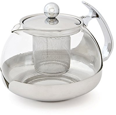 Kabalo 1200ml / 1.2 Litre Modern Contemporary Stylish Clear Glass & Stainless Steel Teapot with Loose Tea Leaf Infuser Kitchen Filter