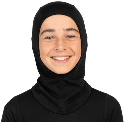 menique Kids’ 100% Merino Balaclava, 160gsm Ski Mask, Black,1-2 Y