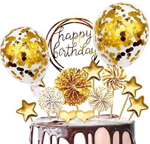 Tortendeko Geburtstag,Tortendeko Gold,Kuchendeko Geburtstag, Cake Topper Happy Birthday,Kuchendeko Golden mit Konfetti Luftballon und Papierfächer für Geburtstagstorte Dekoration