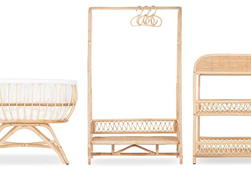 Aria 3Pc Rattan Nursery Furniture Set - Baby Crib, Changing Unit & Clothes Rail - Open Storage Nappy Changer Station & Clothing Rack - Mattress and Liner Included