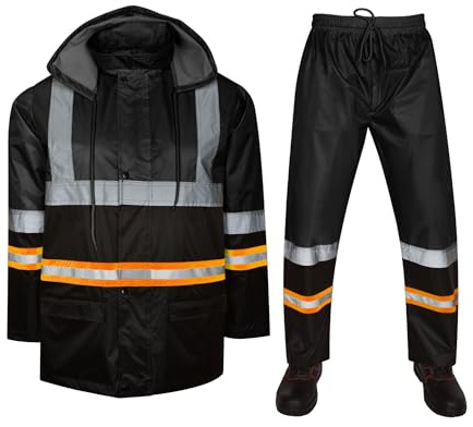 Hi Vis Viz - Traje de lluvia reflectante de alta visibilidad con cinta de alta visibilidad, 2 piezas, con capucha, impermeable, PVC, unisex, chaqueta y pantalones, ropa de trabajo, Negro con cinta