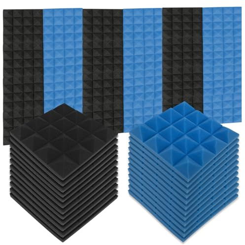 24 paneles acústicos de espuma acústica, aislamiento acústico, insonorización, para pared, pirámide, aislamiento acústico, para estudio de grabación, oficina, casa (negro y azul, 25 x 25 x 5 cm)