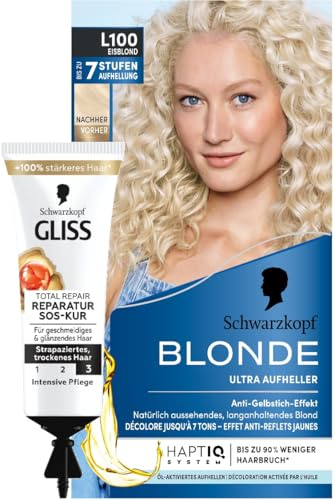 Schwarzkopf Blonde Aufheller L100 Eisblond (175 ml), Haarfärbemittel für Öl-aktiviertes Haare Aufhellen mit HaptIQ System & SOS-Intensiv-Kur Total Repair (15 ml), Haarkur mit Keratin