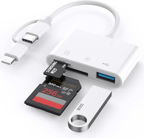 SD Card Reader for iPhone iPad, Built-in Lightning USB-C Dual Port SD Card Adapter with SD MicroSD USB 3 Slots Trail Camera Memory Card Viewer, No App Required, Plug and Play