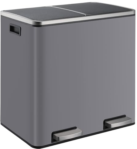 Clevich 48L Dual Kitchen Trash Can, Stainless Steel Pedal Rubbish Bin, Double Compartment Recycling Waste Baskets with Removable Liner Buckets, Soft-Close Lid & Wide Pedal, for Home, Office (Grey)
