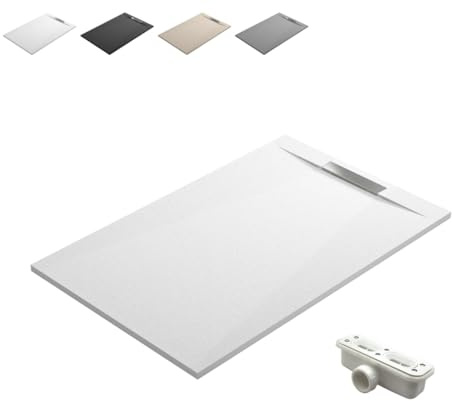 Plato de Ducha de Resina Antideslizante con Valvula y Rejilla Oculta | Textura Piedra | Blanco | 70 X 140 cm