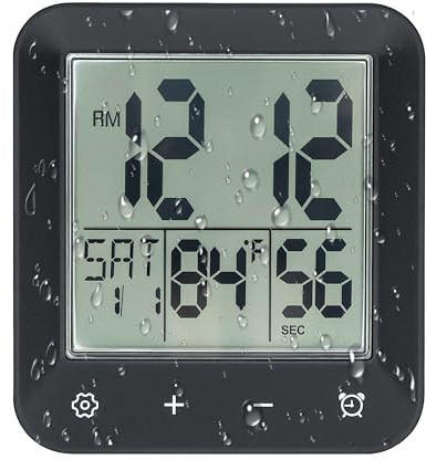 Digital Shower Clock Waterproof,Bathroom Extra Large LCD Screen Wall Clock Timer,Countdown,Moisture Proof,Anti Splash,Display Temperature,Time,Date and Day of the Week,Suction Cup,Hanging (Black)
