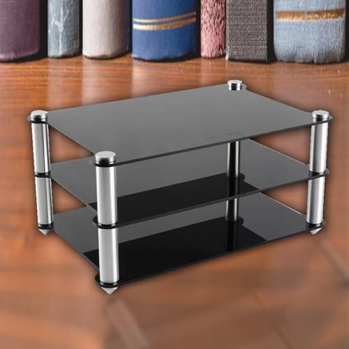 Armadio compatto da scrivania, supporto rack HiFi trasparente, torre AV per componenti audio/video, ideale per giradischi, amplificatori e altoparlanti (nero)