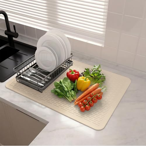 BLESWIN Tappetino Scolapiatti Extra Large in Silicone, 50 X 70 cm, Antiscivolo, Resistente al Calore E Facile da Pulire, Adatto per Piani di Lavoro, Lavelli E Frigoriferi (Beige)