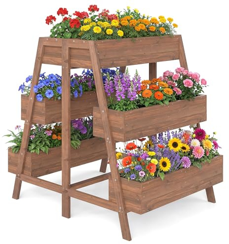GOPLUS Aiuola rialzata con 3 piani, aiuola da giardino con 6 fioriere, aiuola verticale in legno di abete, aiuola per erbe aromatiche con rete a doghe e interno in tessuto non tessuto, scala per fiori