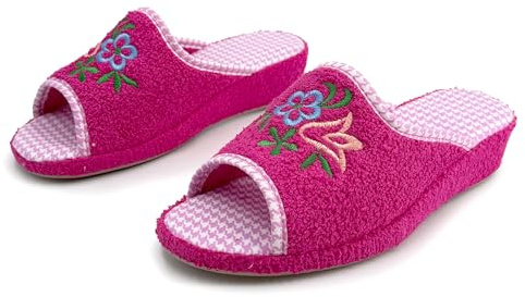 JOMIX Chaussons Éponge Ouverte Femme Maison Été Talon Compensé Semelle Liège Confortables avec Broderie pour Dame Souple Légères