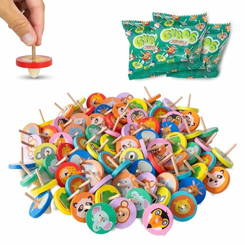 BONNYCO Peonza Madera de Animales, Pack 80 Regalos Cumpleaños Niños Colegio | Detalles Cumpleaños Niños Jungla. Regalitos Invitados, Juguetes Sorpresas, Regalos Alumnos Primaria, Relleno Piñata Infantil