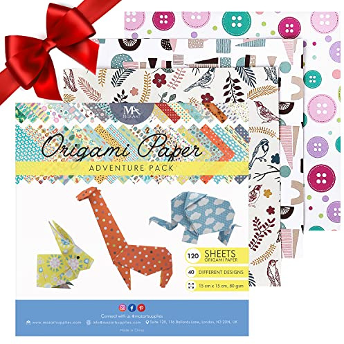 MozArt Supplies Origami Paper Set (Adventure) -120 Sheets (15x15 cm) - Origami Folding Paper with Floral, Animal Prints, Aztec, Geometric Patterns for Kids & Adults…