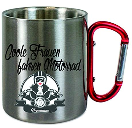 CreaLuxe Edelstahltasse mit Karabiner - Coole Frauen fahren Motorrad - 330ml, Tasse personalisiert, Kaffeetasse, Bürotasse, Metalltasse mit Name