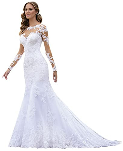 Vestido de Novia de Manga Larga con Cuello en V Elegante Vestido de Novia de Encaje de Tul White 38