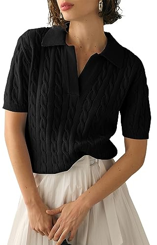 Imily Bela Women's Cable Short Sleeve Sweaters Tops Solid Lapel V Neck Knit Casual Soft Pullover Shirt Black