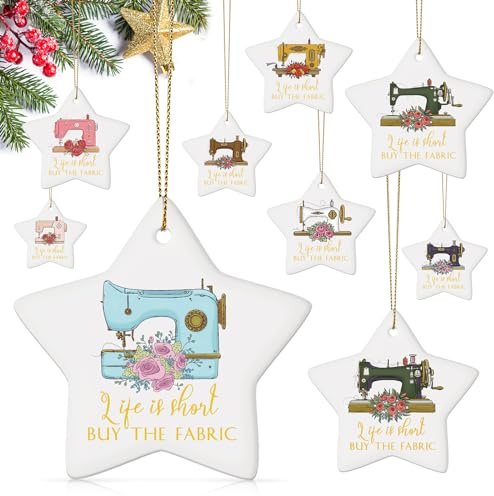 Sieral 9 Pcs Sewing Machine Ornament for Christmas Tree Christmas Appreciation Gift Bulk Unique Ceramic Star Shape Vintage Thank You Gift for Quilters Women Sewing Enthusiasts Coworker Employee