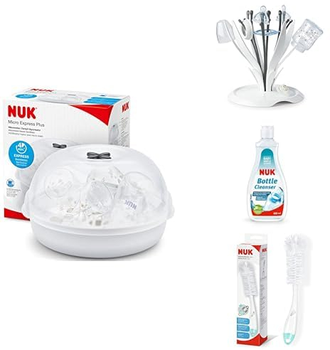 Bundle of NUK Micro Express Plus Microwave Bottle Steriliser + NUK Multi Purpose Baby Bottle Drying Rack+ NUK Baby Bottle Cleanser 500 ml + NUK 2 in 1 Flexible Bottle Brush | Baby Bottle & Teat Brush
