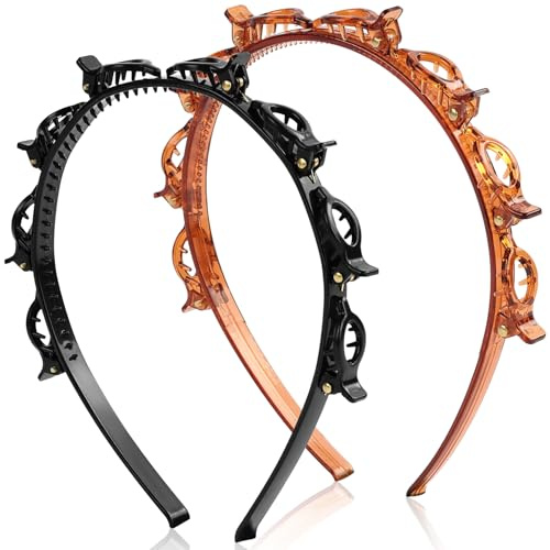 LOPHE Diadema con Pinzas, 2 Piezas Diademas con Clips de Plástico, Banda para el Cabello con Horquillas, Diadema de Doble Trenza, Horquilla de Doble Flequillo para Mujeres (Negro+Rojo)