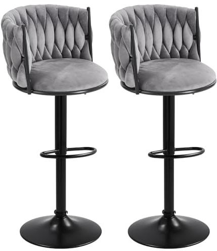 Warmiehomy Grey Velvet Bar Stools Set of 2, 360° Swivel, Height Adjustable | Modern Luxury Breakfast High Bar Stools with Backs for Kitchen Counter, Island, Dining Room, Pub, Bistro, Cafe
