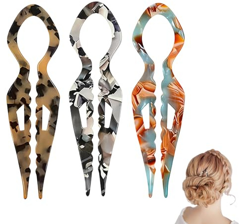 3 Pcs French Hair Pins for Women, 7CM U-Shaped Hair Grips Acetate Hairpin for Thick Long Hair, Elegant Updo Hair Styling Accessories for Girls, Lightweight French Twist Pins (Floral & Classic Colors)