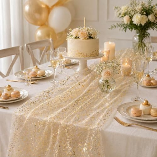 AIBAOBAO 10 Ft Gold Table Runner, Sheer Chiffon Fabric Tulle Cheesecloth Golden Sequin Glitter Metallic Foil, Party Runner Dining Table Decorations for Wedding Birthday Christmas Bridal Baby Shower