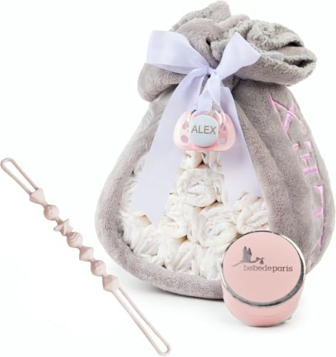 Cadeaux de Naissance | Gâteau de Couches avec Attache-Tétine en Tissu | Couverture Personnalisée + Tétine Personnalisée + 15 Couches Moltex | Baby Shower Garçon Fille (Rose) | BebeDeParis