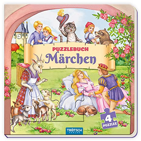 TRÖTSCH - Puzzlebuch quadratisch Märchen | Puzzlebuch mit 4 Märchen Puzzles und kleinen Bilderrätseln unter jedem Puzzle: Handliches Kinderbuch mit beliebten Märchen zum Vorlesen | Ab 3 Jahren