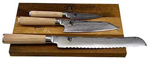 Kai Shun Classic White Set | DM-0700W kontorskniv | DM-0777W begränsad upplaga kockkniv | + japansk brödkniv DM-0705W | + skärbräda 30 x 18 cm