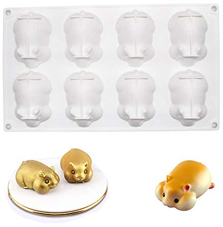 Silikonform mit 8 Mulden, klein, 3D-Hamster-Form, Kuchen, Backform, Dessert, Mousse, Backform für Gebäck, Brownie, Gelee, Trüffel, Pudding, Obst, Eiscreme, Seife, Kerzen