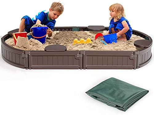 Costzon Kids Sandbox with Cover, HDPE Child Sand Pit w/Detachable Built-in Seating & Bottom Liner for Backyard Lawn Garden Beach, Outdoor Sand Box for Kids Age 3+ (Brown,Elliptical)