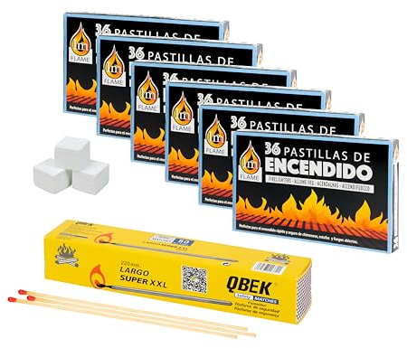 BRICOMIRAS Pastillas Encendido Chimenea con Pack de 50 fósforos para Prender Fuego en chimeneas, barbacoas, hornos de leña, carbón, etc. - Enciende Fuegos fácil y rápido (216 Pastillas + 50 fósforos)