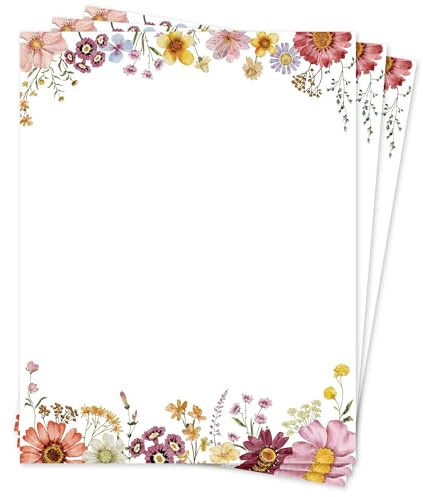 Flower Paper Stationery, Floral Letterhead Paper 8.5 x 11 Inches, 50 Sheets, Elegant Writing Paper, Pretty Stationary Paper, Decorative Printer Papr, Spring Wildflower Letter Paper Set