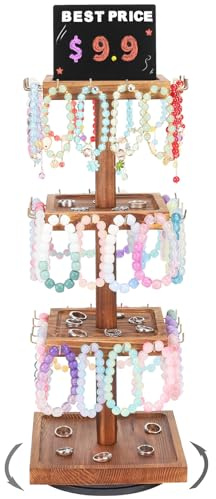 BDBDYEAY Bracelet Holder, 360° Rotating Jewelry Holder Organzier with Tray, Wooden Jewelry Tower with 48 Hooks, 4-Tier Large Capacity Jewelry Display Stand for Vendors Sell Bracelet Keychain Earring