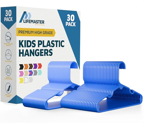 Lifemaster Plastic Kids Clothes Hangers – Children Clothes Hanger with Shoulder Notch, 11.6 Inch Space-Saving Closet Organizer for Baby, Toddler, and Kids Clothing, Hold Up to 5 lbs, Pack of 30, Blue